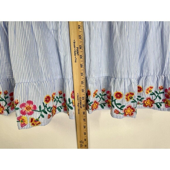 Savanna Jane Embroidered Top Womens Medium Blue Stripe Peplum Flutter Sleeve - Picture 5 of 7